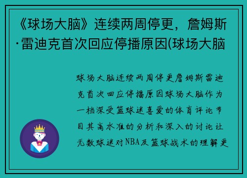 《球场大脑》连续两周停更，詹姆斯·雷迪克首次回应停播原因(球场大脑是什么意思)