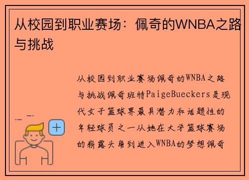 从校园到职业赛场：佩奇的WNBA之路与挑战