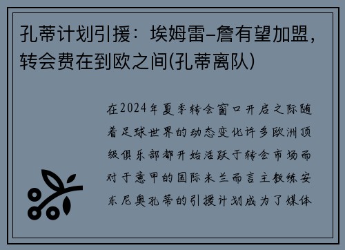 孔蒂计划引援：埃姆雷-詹有望加盟，转会费在到欧之间(孔蒂离队)