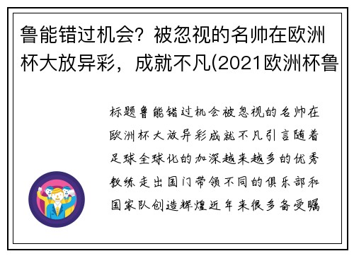 鲁能错过机会？被忽视的名帅在欧洲杯大放异彩，成就不凡(2021欧洲杯鲁尼没上场)