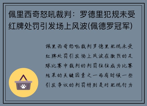 佩里西奇怒吼裁判:罗德里犯规未受红牌处罚引发场上风波(佩德罗冠军)
